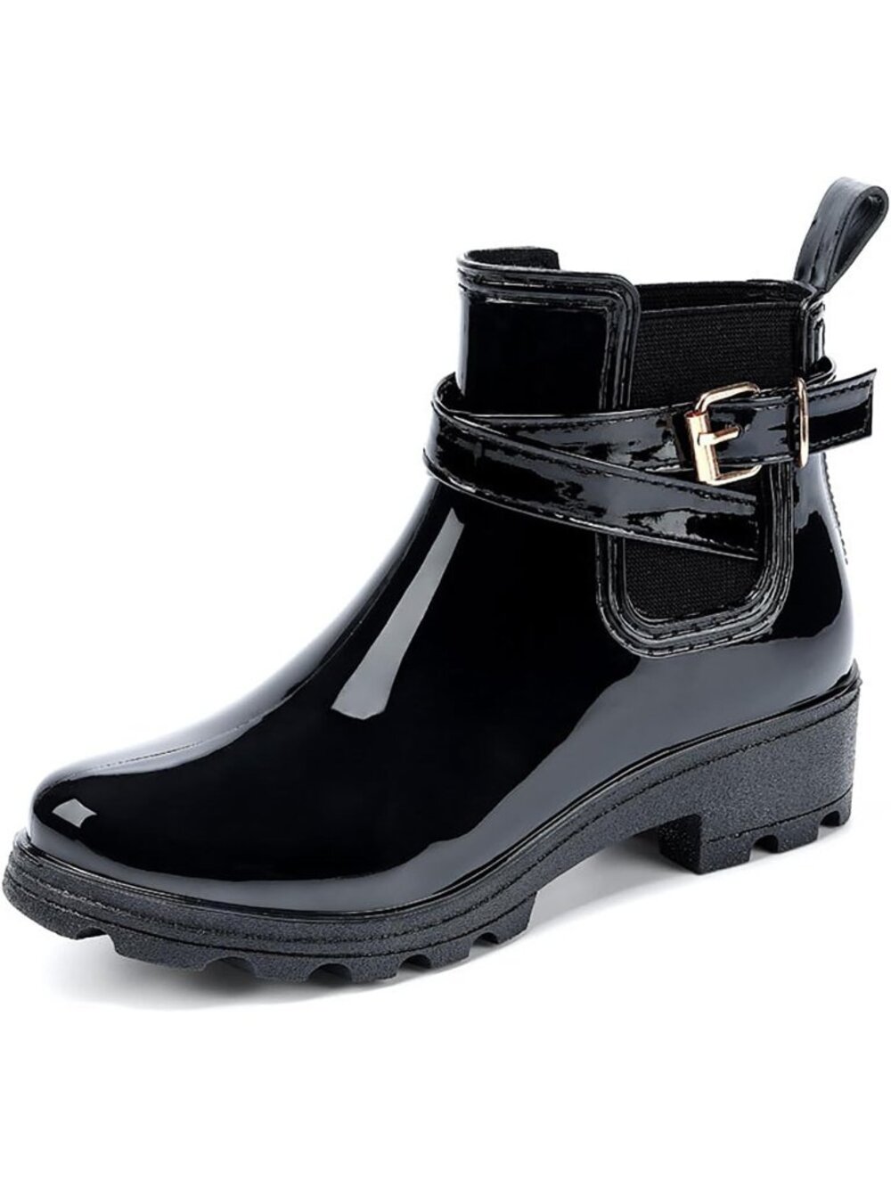 Women's Black PVC Platform Lug Sole Chelsea Ankle Rain Boots with Buckle Pull On